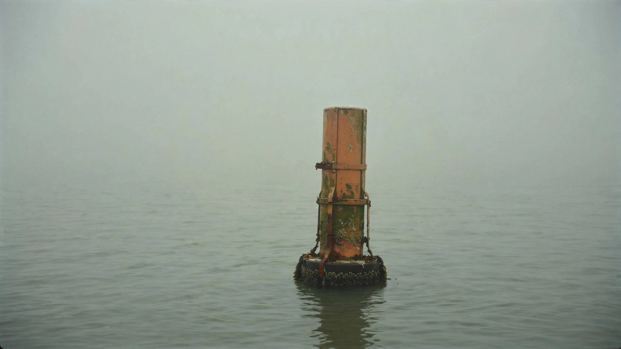 A single weathered buoy floating in flat grey water in fog