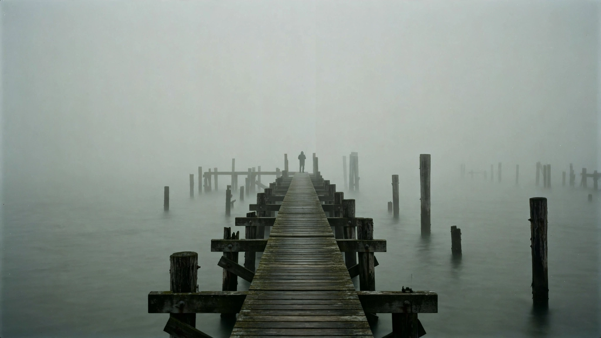 Silhouette of a lone fisherman at the end of a fog-covered pier