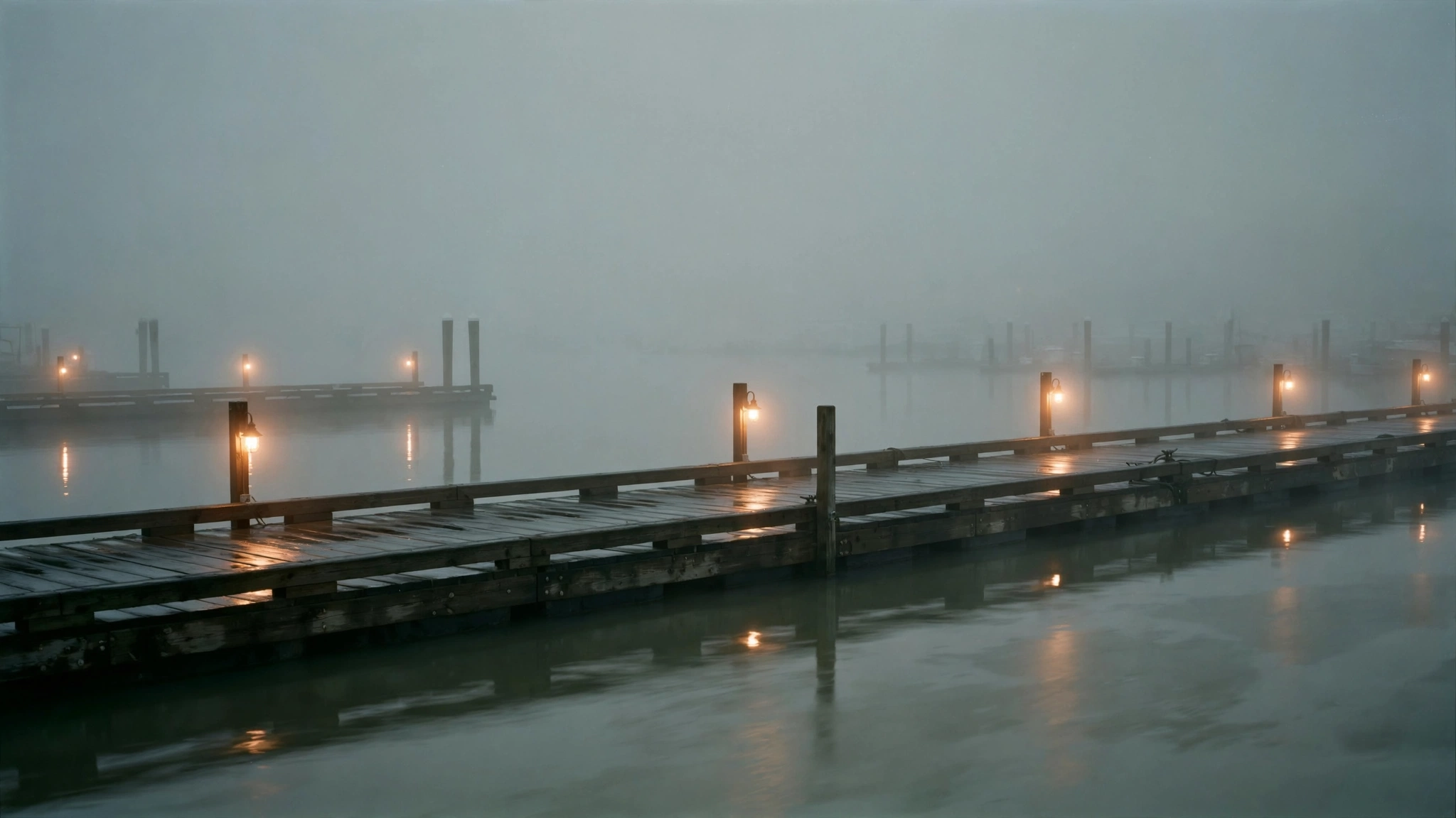 Harbor dock lights glowing dimly through fog at dawn