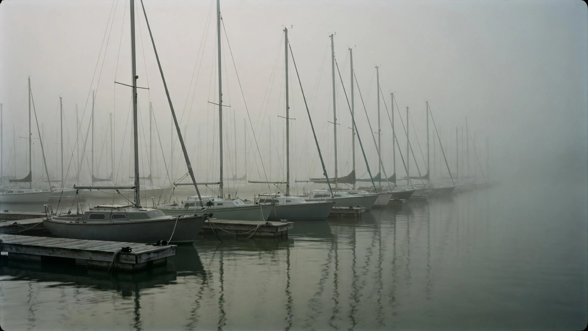 Sailboat masts fading into thick morning fog at the marina