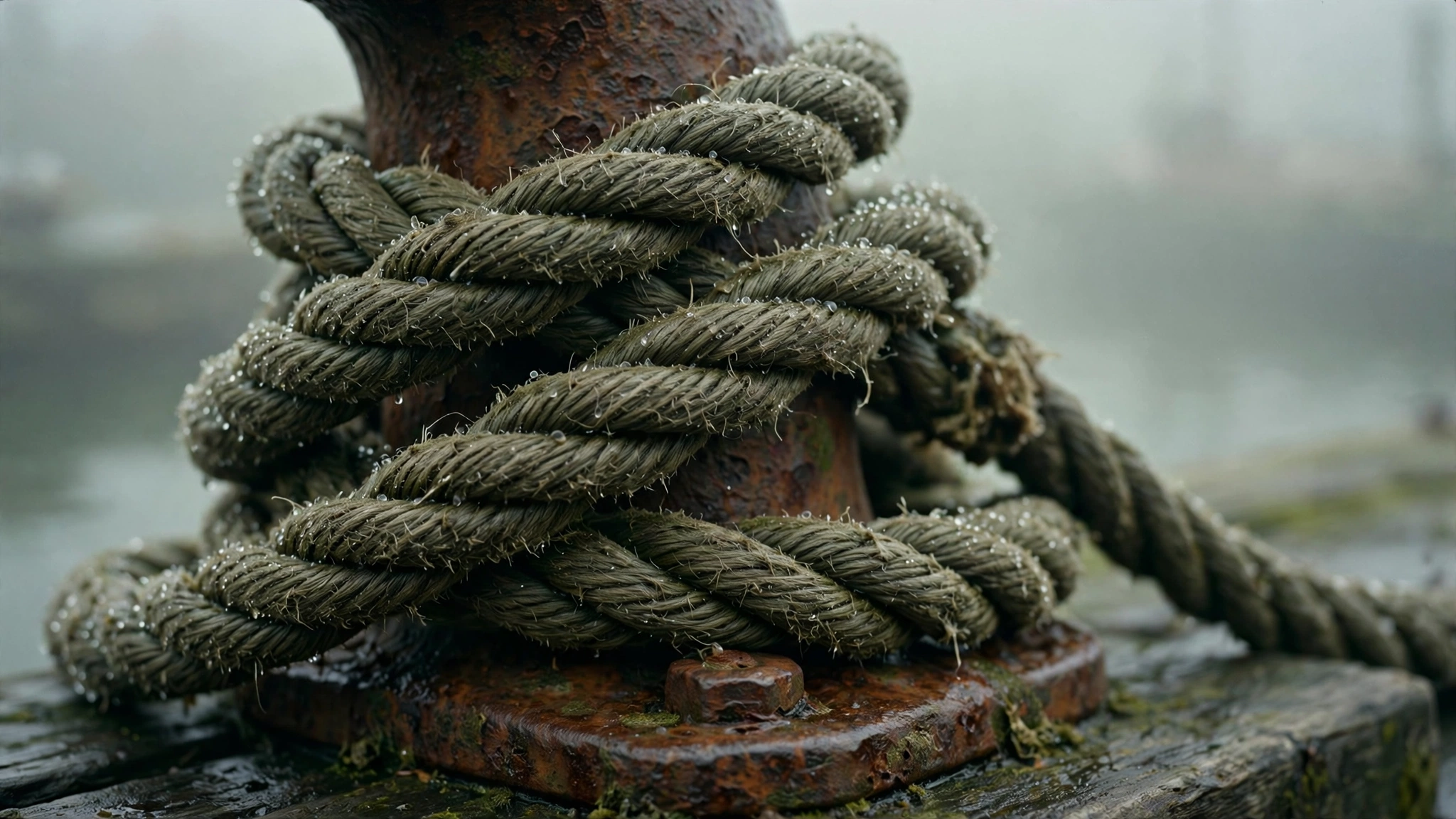 Weathered rope coiled around a rusted iron bollard, fog in the background